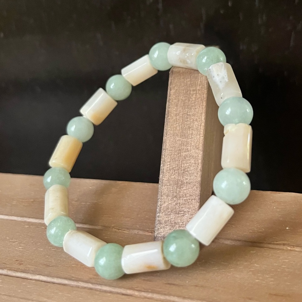 Pink Opal With Green Jade Natural Stone Crystal 8mm Beaded Stretch Bracelet